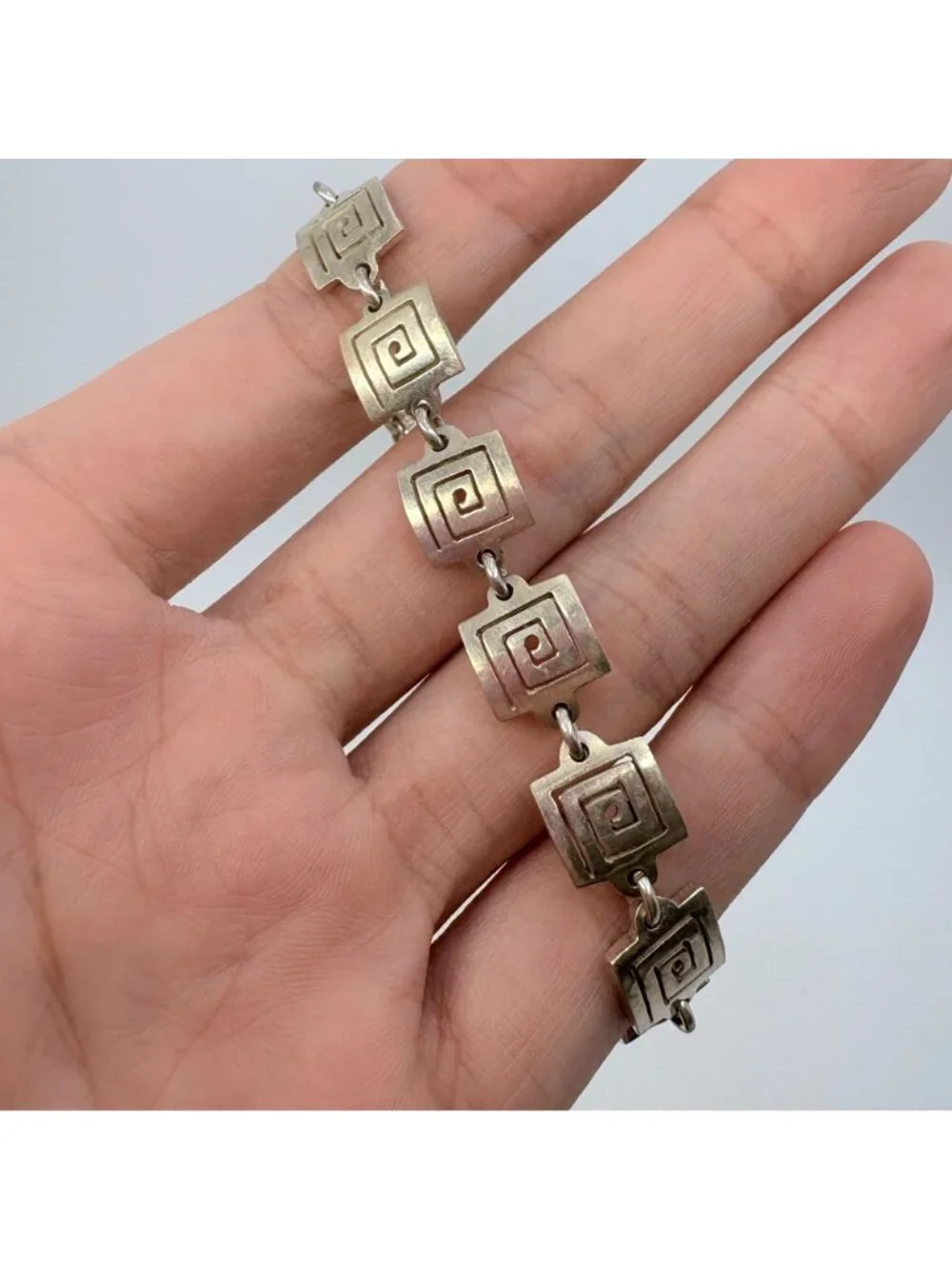 Greek Key Design Sterling Silver 925 Chain Bracelet Size 7.25